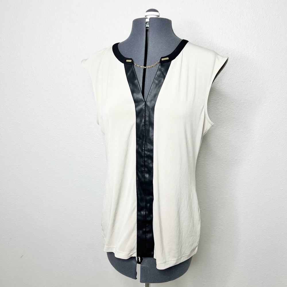 Calvin Klein Faux Black Leather V Neck Beige Blouse Med
